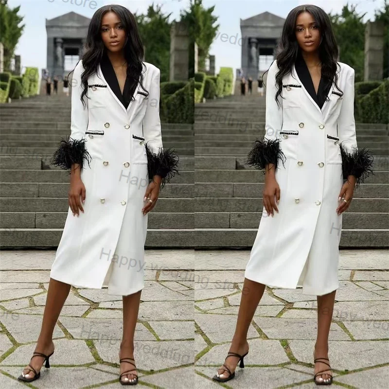 white-black-women-suit-skirt-1-piece-long-blazer-feather-autumn-formal-office-lady-jacket-wedding-tuxedo-custom-made-coat