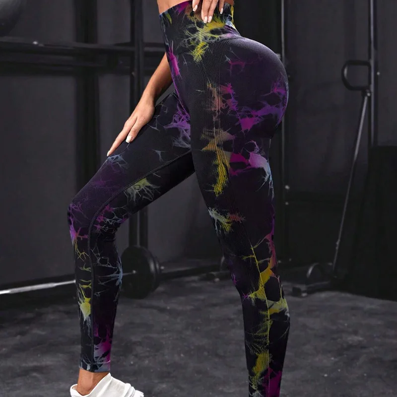 New Tie Dye Print Leggings Women Knitted Elastic Tights Gym Training Running High Waist Hip Liftting Seamless Fitness Yoga Pants