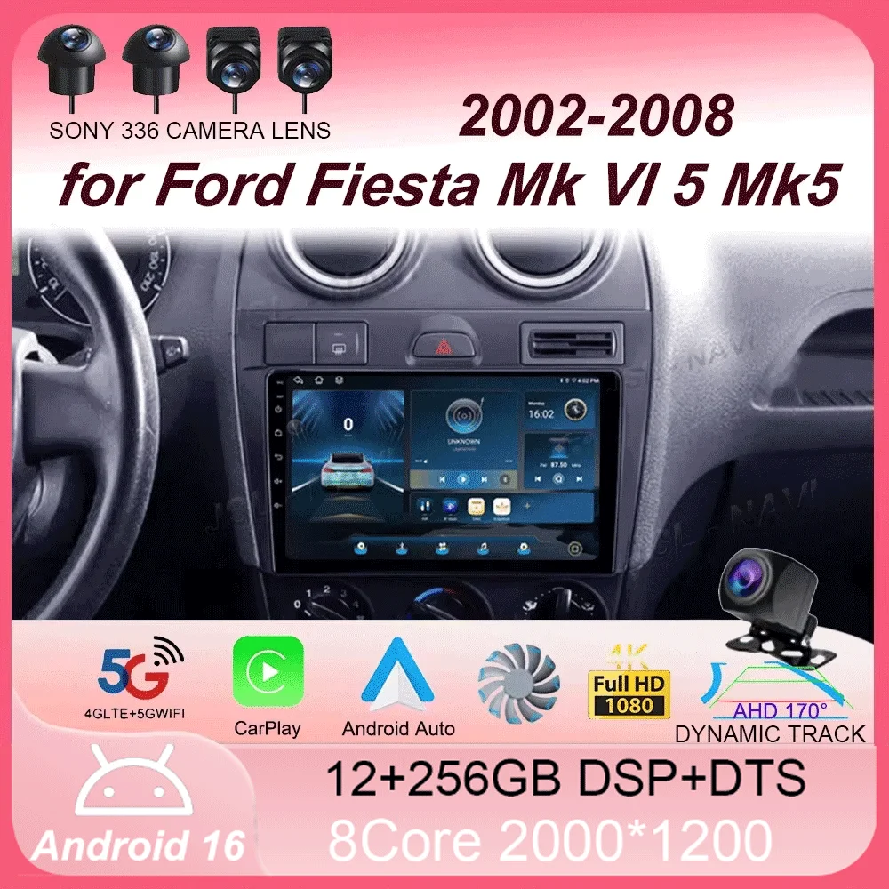 

Автомагнитола Android 16 для Ford Fiesta Mk VI 5 Mk5 2002-2008, мультимедийный GPS-плеер 2 Din с DVD, Carplay, навигацией, стереосистемой, 2K QLED, 4G