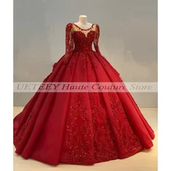 Red Prom Dresses Long Sleeve Beading Sequined Ball Gowns Luxury Evening Dress Women Wedding Reception Party Gown Customized