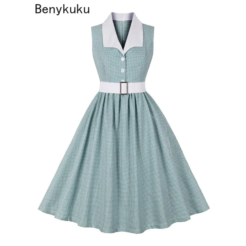 Turquoise White Sleeveless Plaid Rockabilly Vintage Dress Women Summer Turn Down Collar Button Up Elegant Pleated Midi Dresses