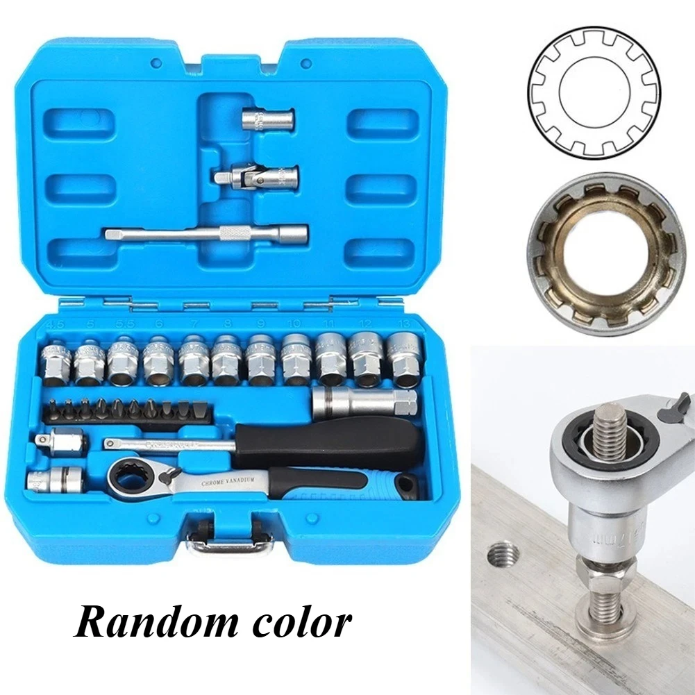 29Pcs Pass Through Ratchet Socket Wrench Set 1/4in Drive 4.5-13mm 12 Point Cr-V Repair Tool Kit with Bits Extension Case