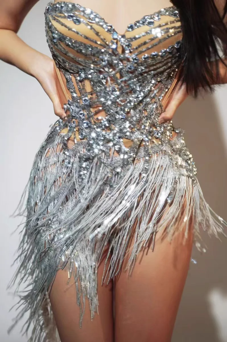 High-end sensação prata balanço fluxo shu trajes de dança latina menina desempenho de grupo trajes gogo brilhantes