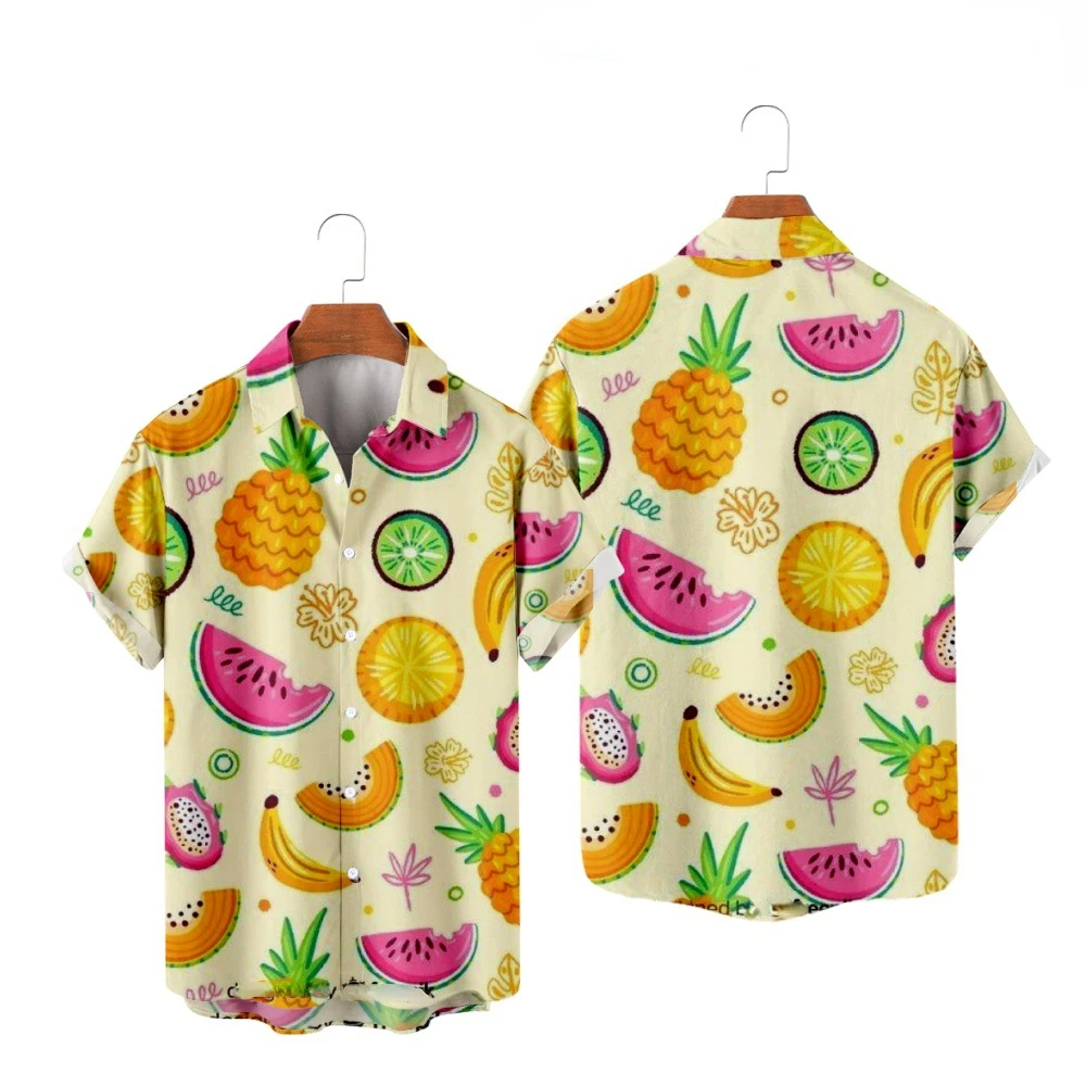 Summer Men's Fruit-Theme Shirt with Convertible Collar, Short Sleeves and Loose Fit