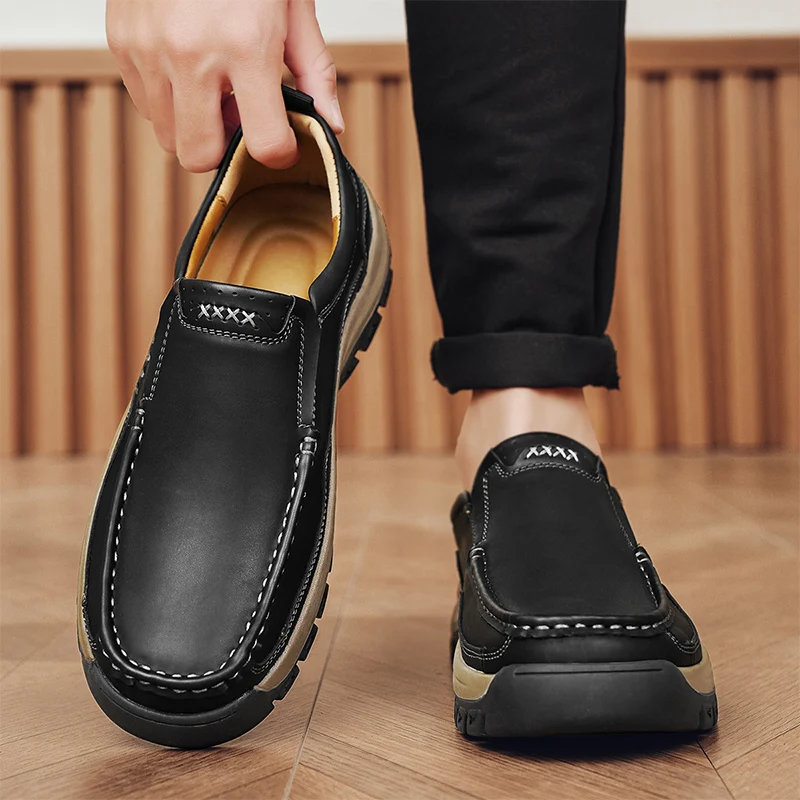 Men's Hand-Stitched Fashion Loafers, Solid Color Low-Top Casual Shoes, Simple Trendy Slip-On Sneakers, Men's Shoes for All Seasons, Daily Office Business Shoes, Large Size Men's Shoes image 3