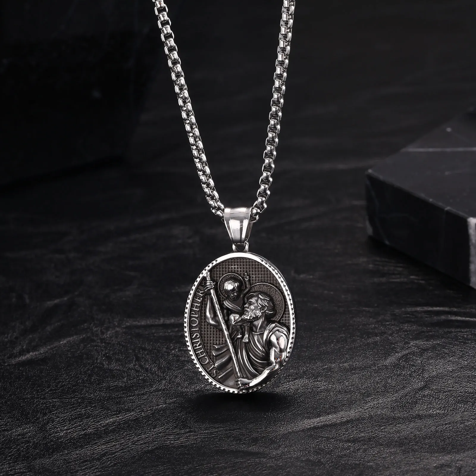 Saint Joseph's Elliptical Necklaces for Men Boys,ST. Christopher Stainless Steel Pendant Necklaces,Retro Vintage Jewelry Gift