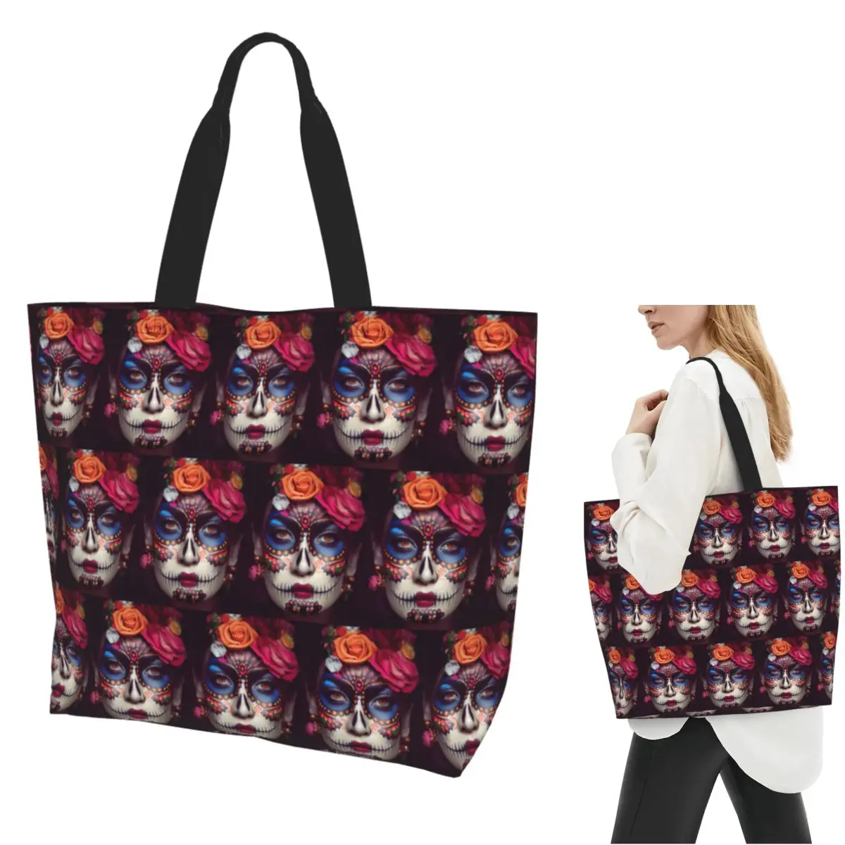 Mexican Catrina Girl Day Of The Dead Sugar Skull Shopping Tote Bag Canvas Shoulder Bags Shopper Grocery Handbag for Women