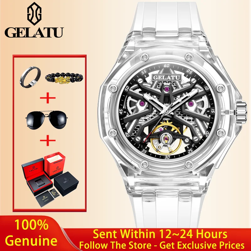

GELATU 8002 Men Watch Fashion Luxury Hollow out Transparent Watch Cool Sports Flywheel Watch Men All Automatic Mechanical Watch