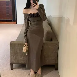 Vintage Square Collar Dresses Spring Autumn New Stylish Floral Three-dimensional Female Clothing Slim Bag Hip Knitted Long Dress