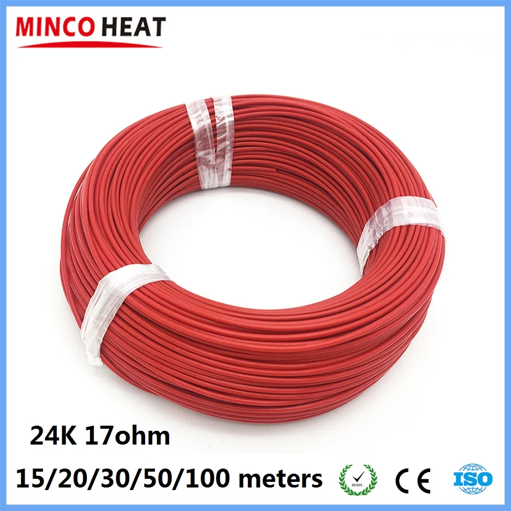 MINCO HEAT 15/20/30/50/100m Fluoroplastic Infrared Carbon Fiber Heating Cable 24K 17ohm/m Warm Floor Heating Wire