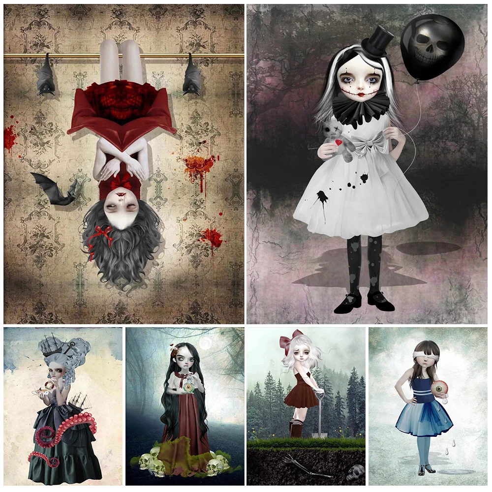 

Vampire And Skull Print Abstract Wall Art Canvas Painting Creepy Femme Fatale Surreal Gothic Art Poster And Print Home Decor
