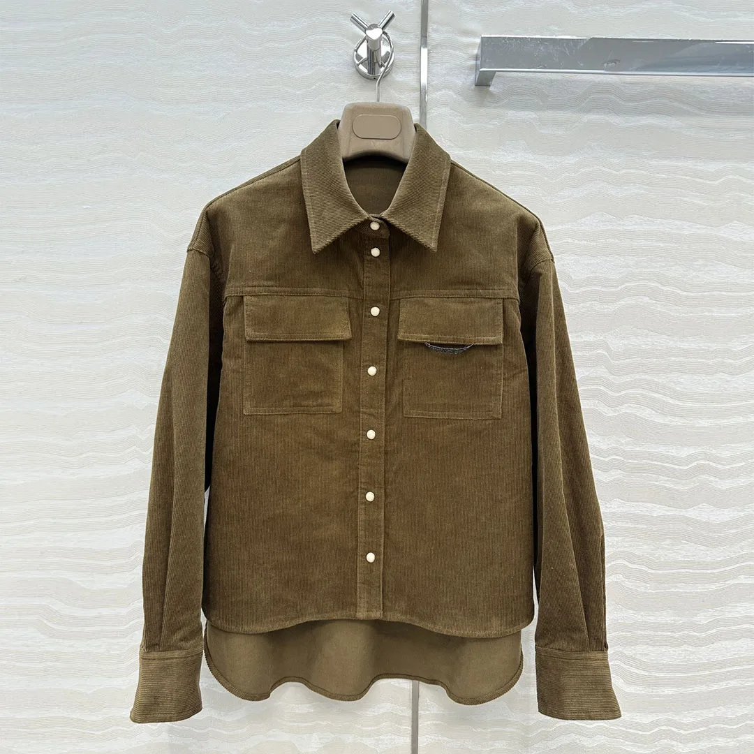 

French Elegant Office Lady 2025 New Autumn Cotton Shirt Women Vintage Corduroy Lapel Flare Long Sleeve Single Breasted Blouse