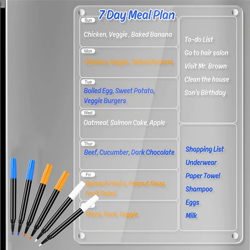 1Set Papan Menu Magnetik Perencana Makanan Untuk Kulkas, Papan Catatan Perencana Mingguan Transparan, Papan Tulis Kering Akrilik Untuk Kulkas
