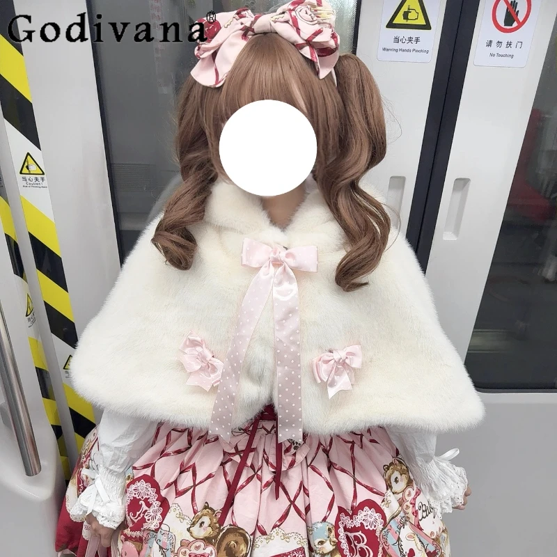 

Original Lolita Kawaii Hooded Cloak Winter New Girl's Sweet Cute Bow Rabbit Ears Short Capes Daughter Loli Y2k Lo Ponchos Capes