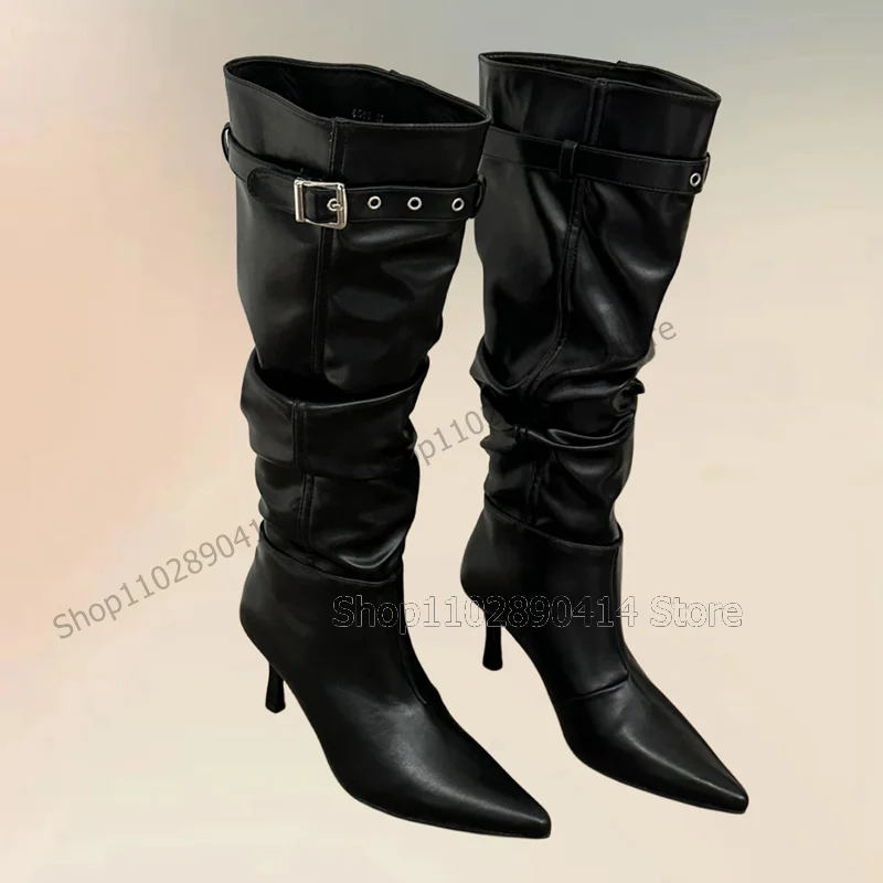

Black Belt Fastener Decor Pleated Pointed Toe Boots Slip On Women Shoes Thin High Heels Fashion Party 2025 Zapatos Para Mujere