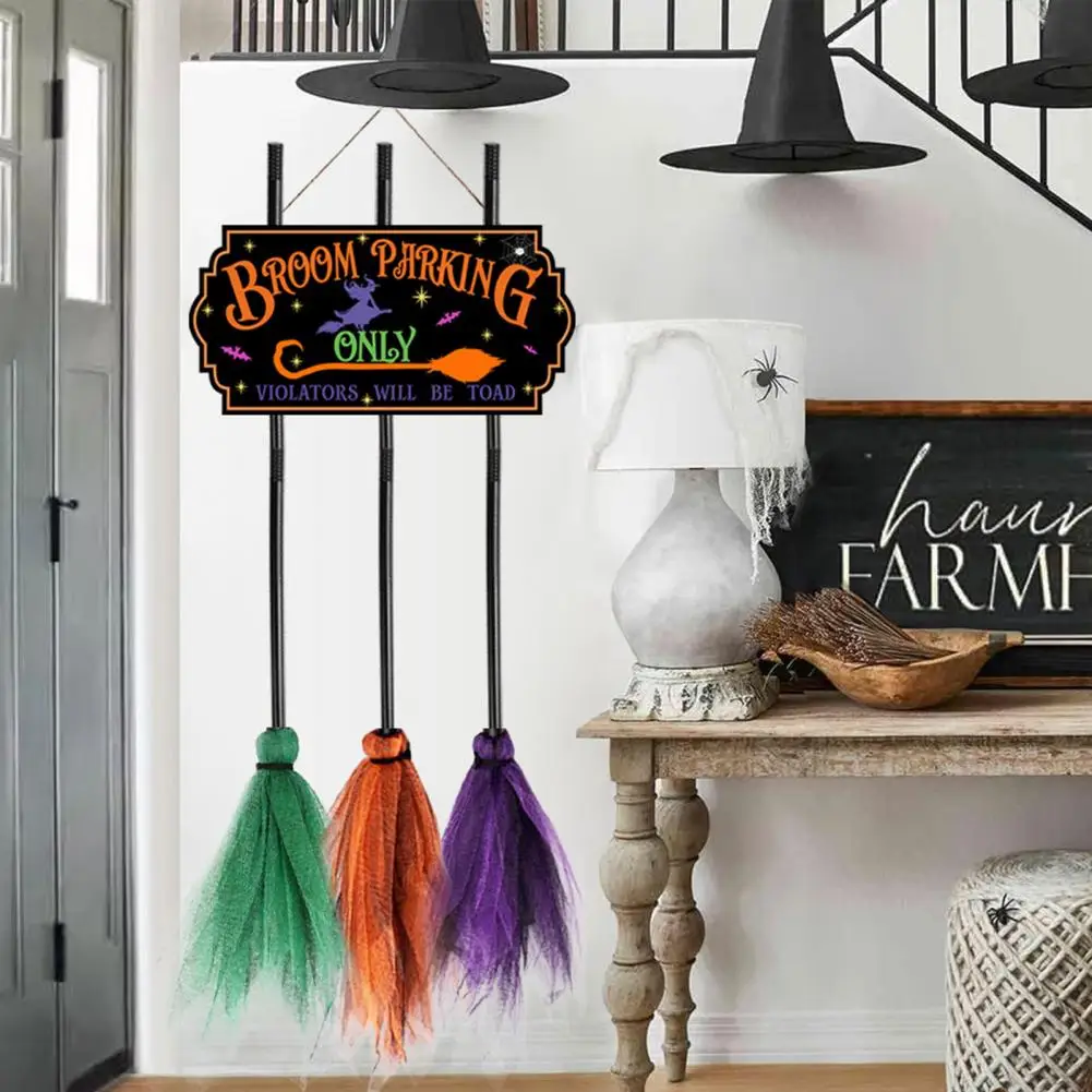 Witchcraft Decor Items Wooden Witch Broom Parking Sign for Halloween Decor Front Porch Wall Hanging Decoration with 3 Brooms