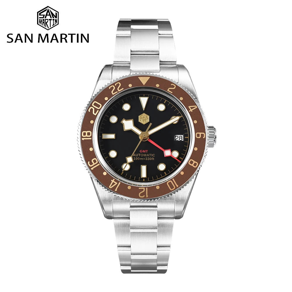Reloj San Martin Vintage de 39mm para hombre con bisel estilo raíz de cerveza NH34 GMT relojes mecánicos automáticos zafiro resistente al agua SN0109