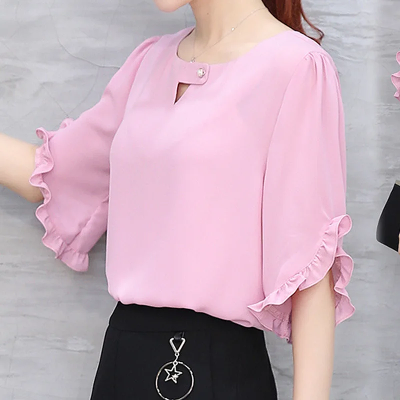 Mulher O-Neck Chiffon Ruffles Blusa, Cor Sólida, Manga Curta, Tudo Combina, Fina Camisa de Escritório, Tops, Moda Elegante, Roupas Femininas, Verão, Novo