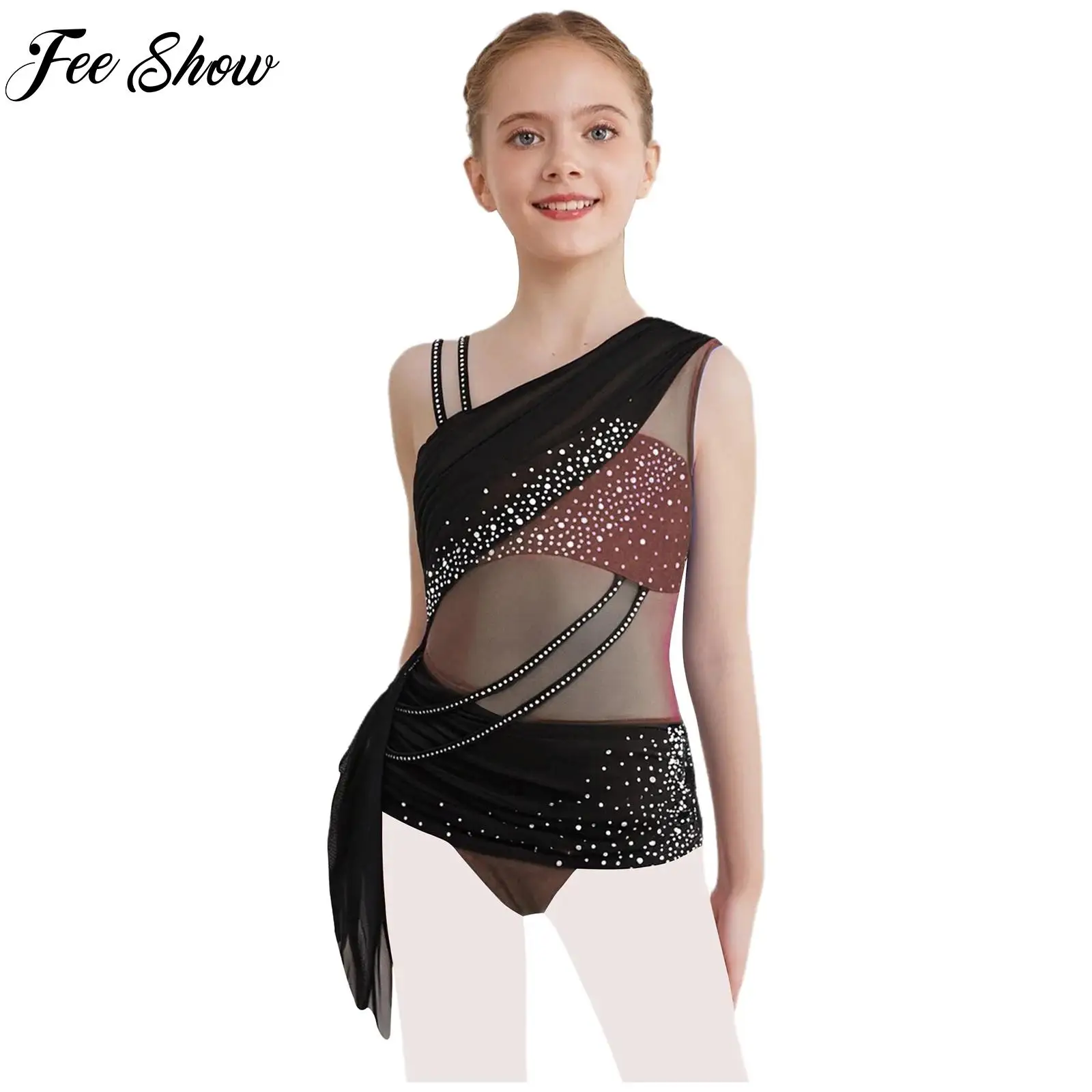 

Kids Girl Asymmetrical Rhinestones Mesh Ballet Lyrical Modern Dance Leotard Dress Gymnastics Figure Skating Dance Dress Costume