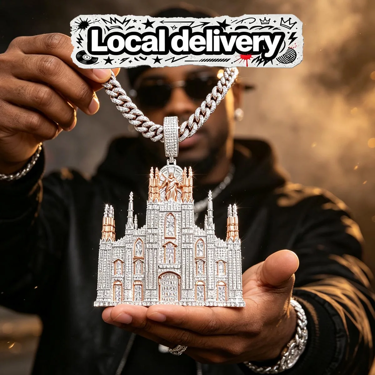 Luxury Bling Charm Necklace 3D Church Design Religious Jesus Statue Castle Pendant  Hip Hop Street Culture Club Party Statement Ornament Big Iced Out Full Micro Pave Shiny CZ 18K Gold Plated Religious For Men Rapper Party Jewelry Accessory Gift