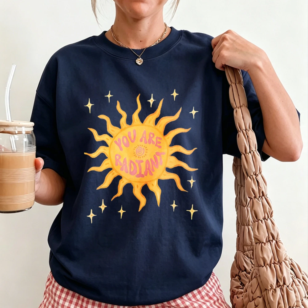You Are Radiant Hand Drawn Yellow Sun with Tiny Stars Positive Quote Print Women Cotton T Shirt Inspirational Affirmation Tops