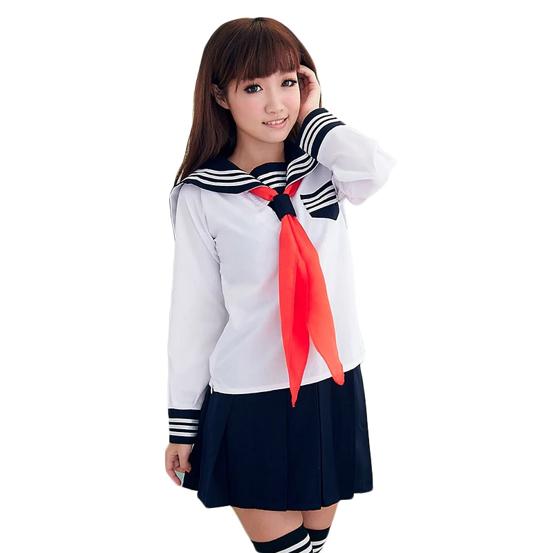 Japanese Sailor Suit Women Anime School Uniform Cosplay Clothing Pleated Skirt +Tops With Red Scarf 3 Pcs / set JK Uniform