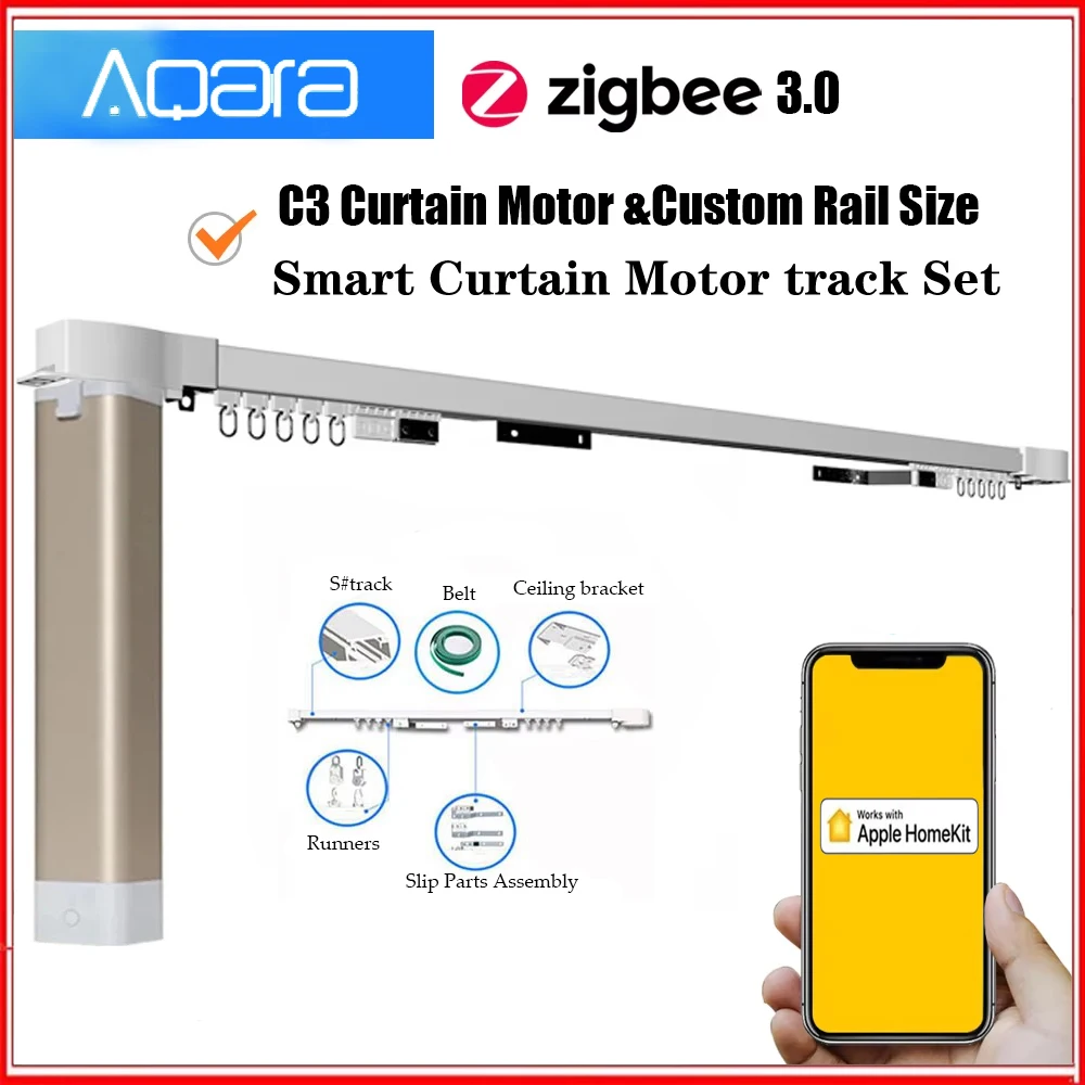 For Aqara Smart Zigbee 3.0 Curtain Drive Motor C3 with Silent Electric Curtain Rail Track Homekit Automatic Control System