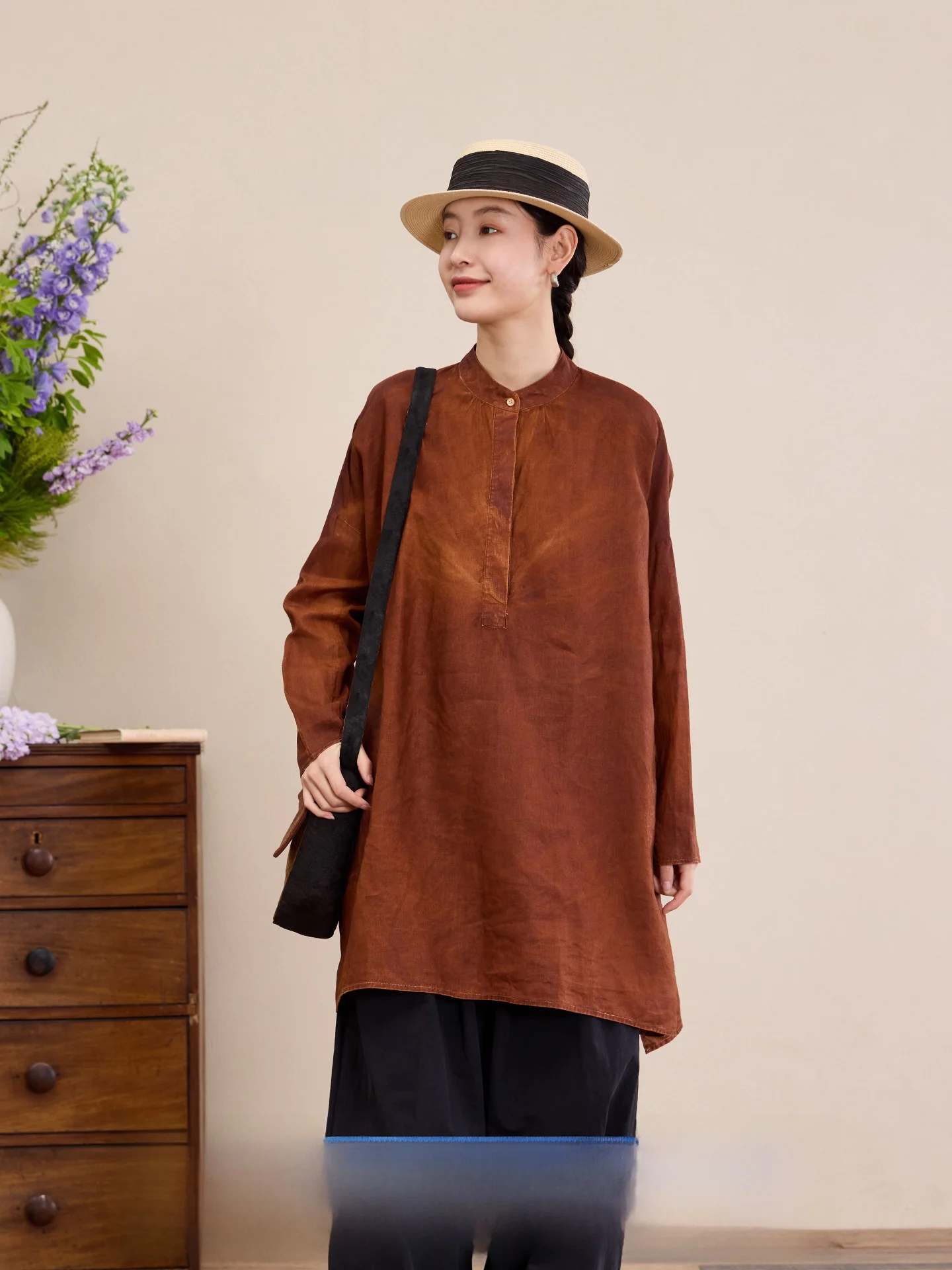

ng Original Linen Texture 00% Linen Mid-Length irt Women's Skin-Friendly Breathable ort Sve Stand Collar