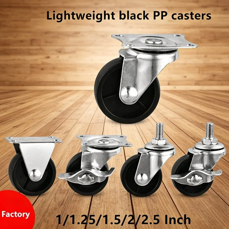 4 Pcs 1-1.5 Inch Lightweight Black PP Universal Wheels M8 Screw Casters Display Shelves Storage Racks Small Carts