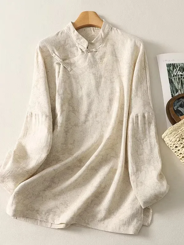 

New Chinese Sle Loose Fit Long Sve irt Women's Spring Autumn Cotton Linen Stand Collar Slimming Commute irt