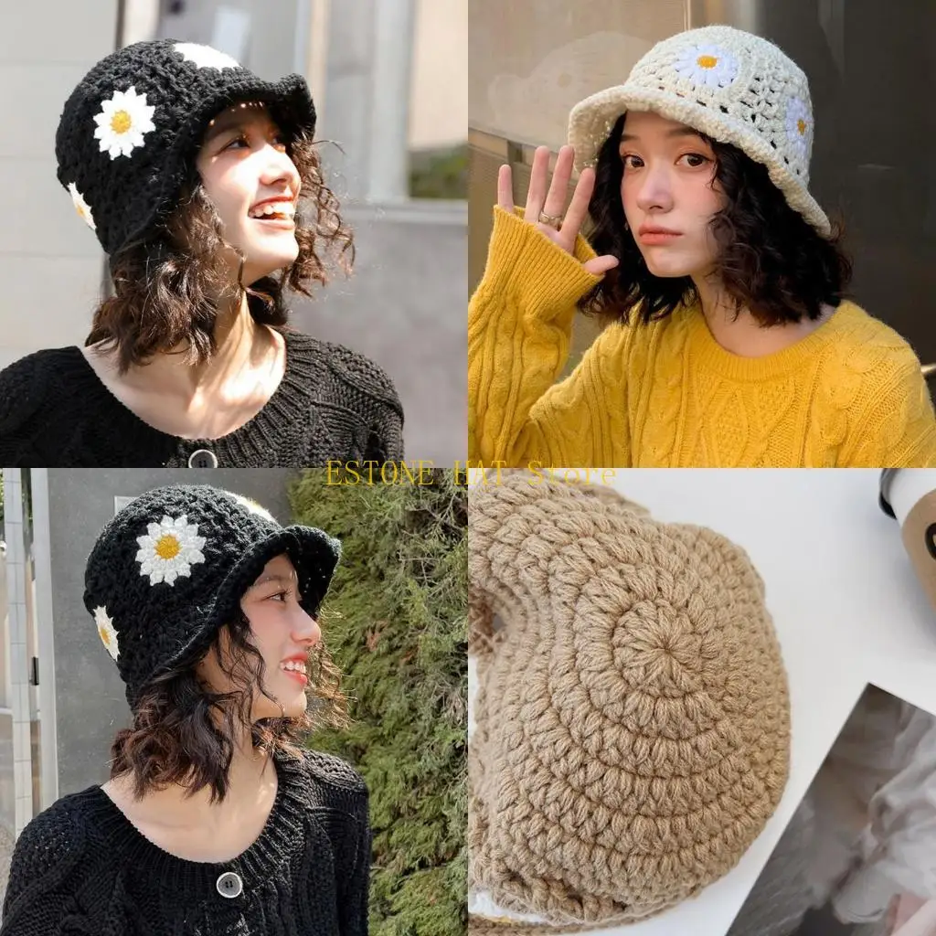 

49MF Crochet Bucket Hat for Woman Teenagers Outdoor Foldable Commute Fisherman Hat Wide Brim Spring Summer Anti-Uv Hat