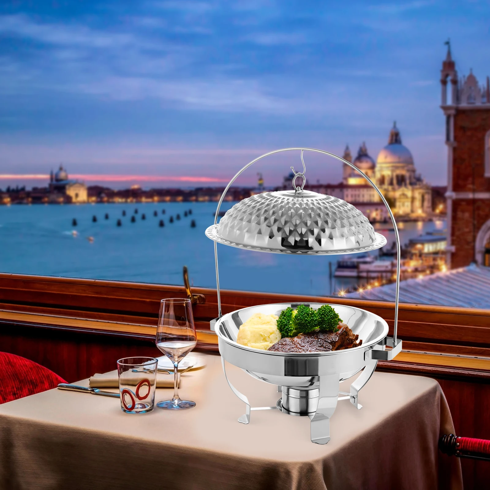 

6L Round Chafing Dish Buffet Stove, Diamond Hanging Lid Stainless Steel Food Warmer Pot, Countertop Dining Heat Server