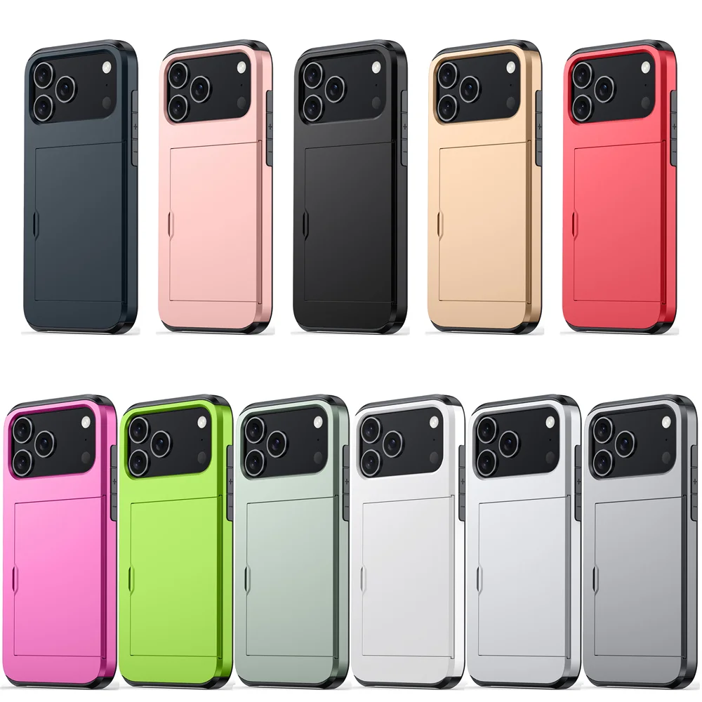 Robuste Handyhülle für iPhone 18 17 16 Plus 15 Pro 15 14 13 12 11 Pro Max mit Brieftaschen-Kartenhalter und Schiebeverschluss aus hartem PC-Schutzmaterial – Detail 1