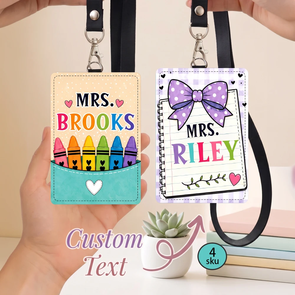 Personalized Teacher Badge Holder,Custom Name ID Card Case with Lanyard,Custom Text Cute School Design,Work ID School Supplies