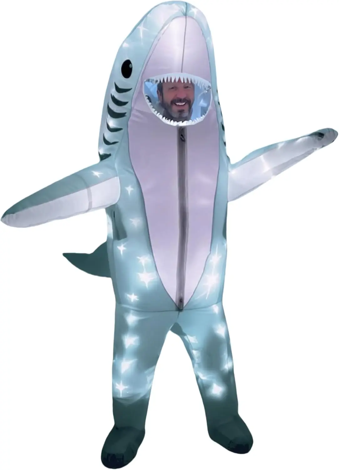 

Надувной костюм Челюсти для взрослых, синий, с LED-подсветкой, забавный комбинезон для Хэллоуина, косплей, фэнтези-костюм