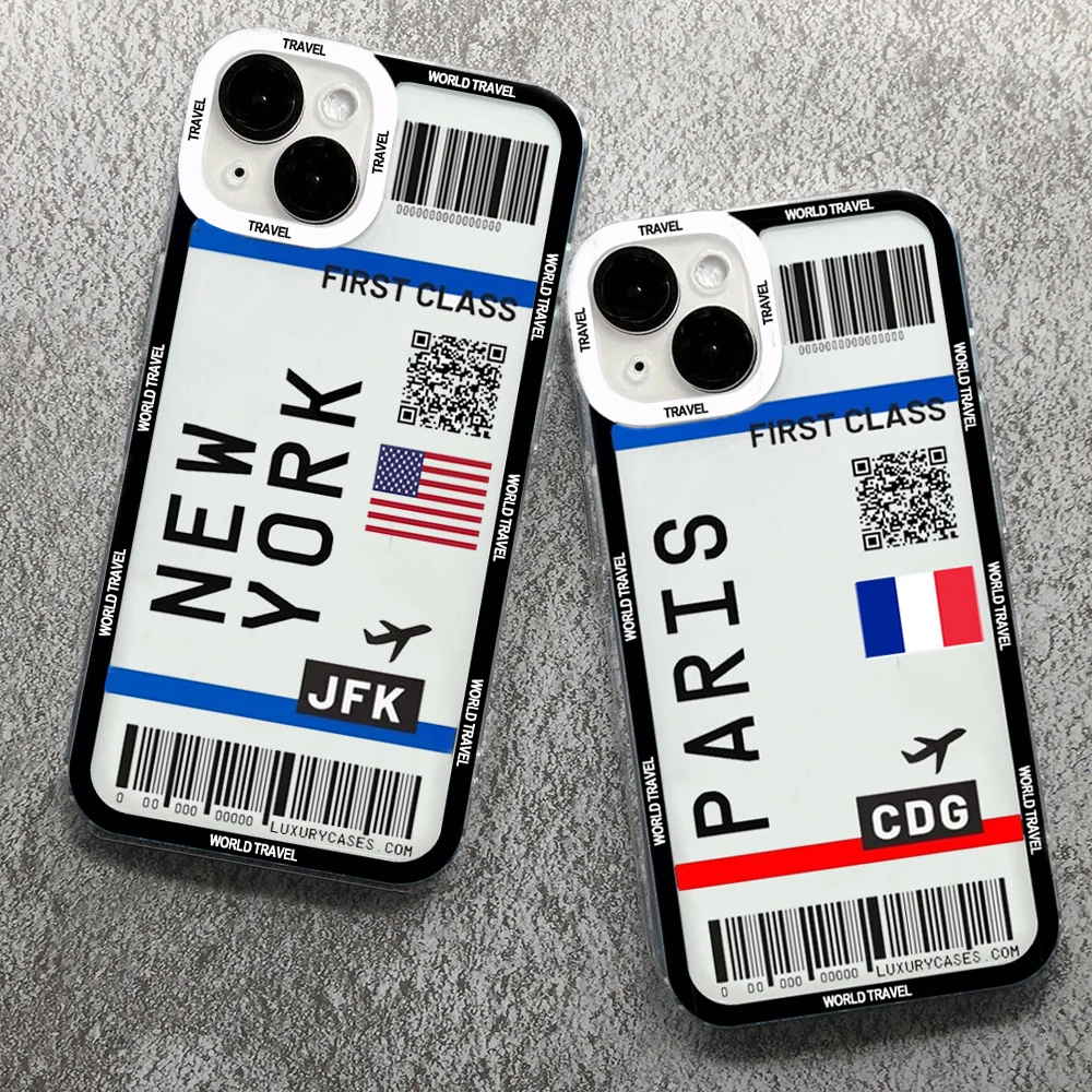 World City Travel Ticket New York London Label Phone Case For iPhone 16 15 14 13 12 11 Pro Max Mini 16 14 15 Plus Clear Cover