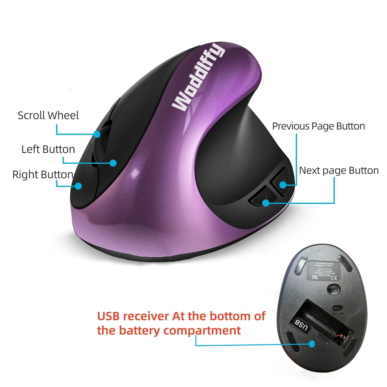 Ergonomic MouseWireless Rechargeable Vertical Mouse with 6 ButtonsComputer Mouse for Laptops Desktop PC MacBook Small Mouse (Pur