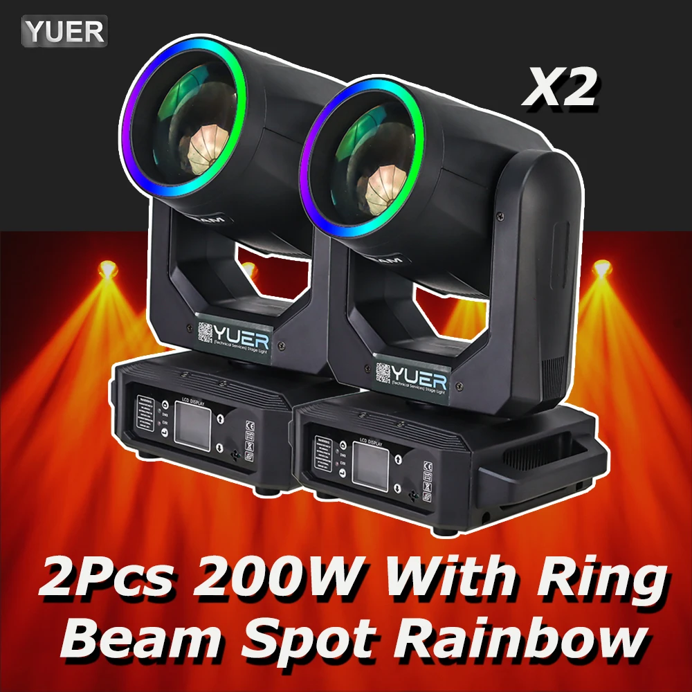 

2Pcs 200W LED With Ring Beam Spot Moving Head Light With 18 Rotating Prism Rainbow Effect DMX512 Disco Party CLub Stage Lights