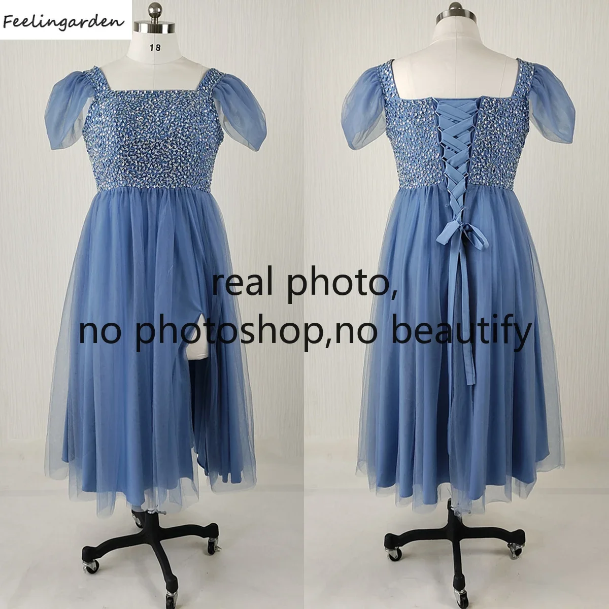 

Feelingarden Real Photo Evening Dress Plus size Beads Haze Blue Tulle A-line Slit Tea-length Party Formal Gown Customization