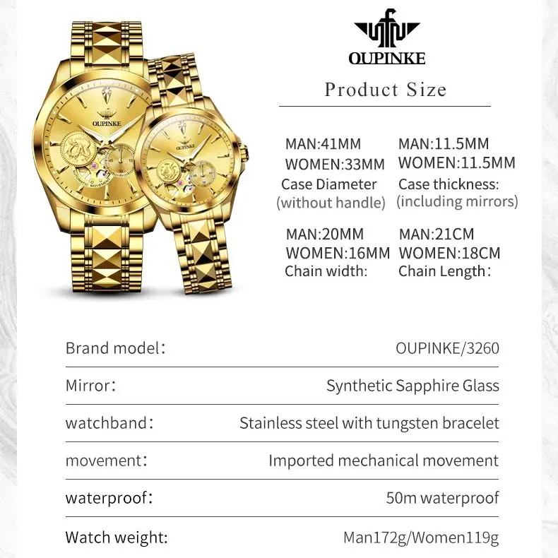 OUPINKE 3260 Real Diamond Mechanical Watch Men Women MIYOTA Automatic Movement Luxury Gold Watch Couple Real Gold Wristwatches