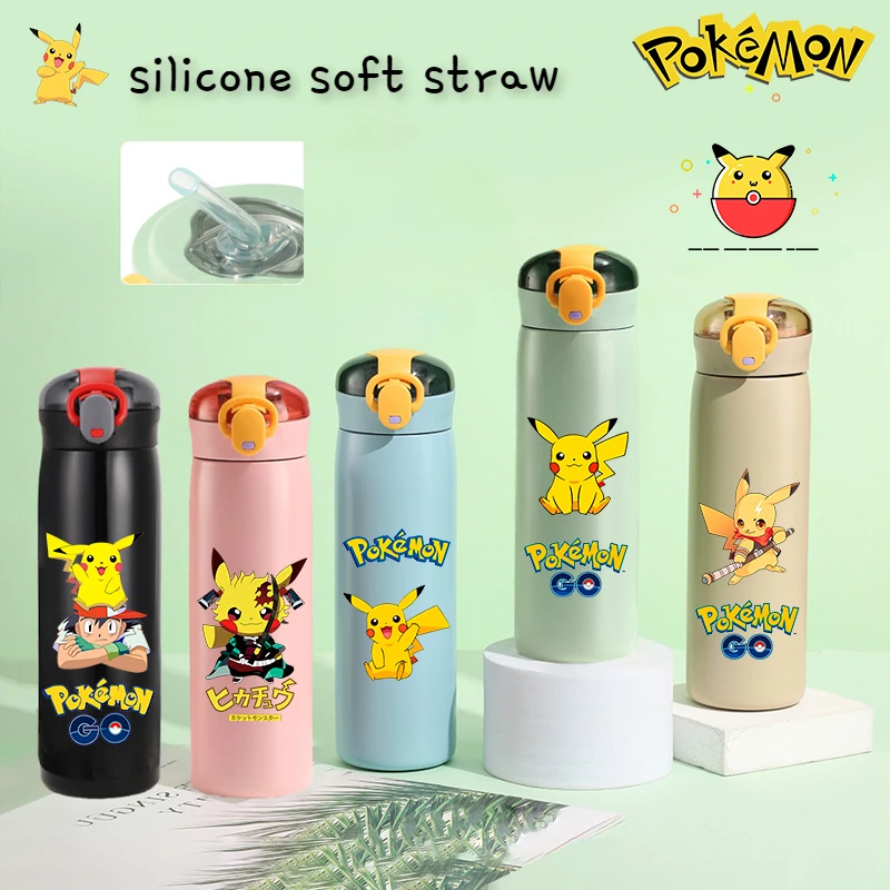 

460ml Pikachu Thermal Cup Bouncing Childrens Straw Cup Portable Outdoor Pokemon Sports Water Cup Drinking Stainless Steel Bottle