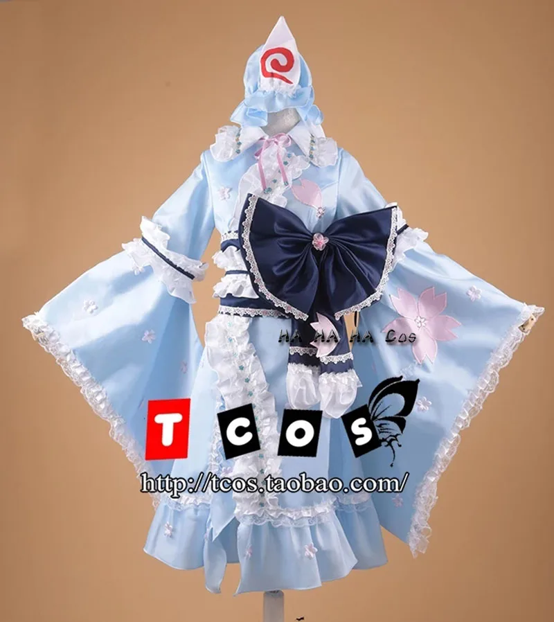 Touhou Project Cosplay Fato para homem e mulher, Meia, Peruca, Conjunto completo, Anime, Saigyouji, Yuyuko, Halloween Party, Fãs