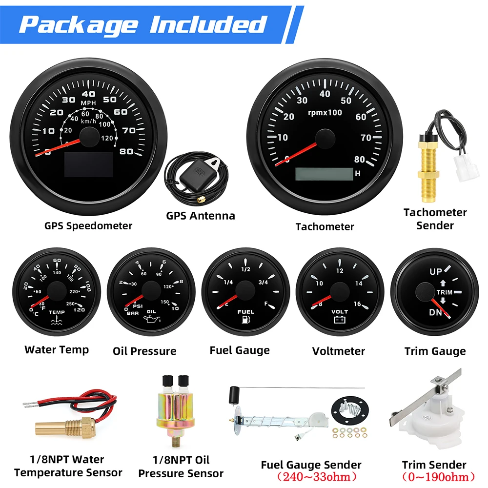 Customiz 7 Gauge Set + Brandstof Vlotter Afzender GPS Snelheidsmeter 80MPH 8K RPM Tacho Water Temp Olie Druk Brandstof voltmeter Gauge voor Boot Auto