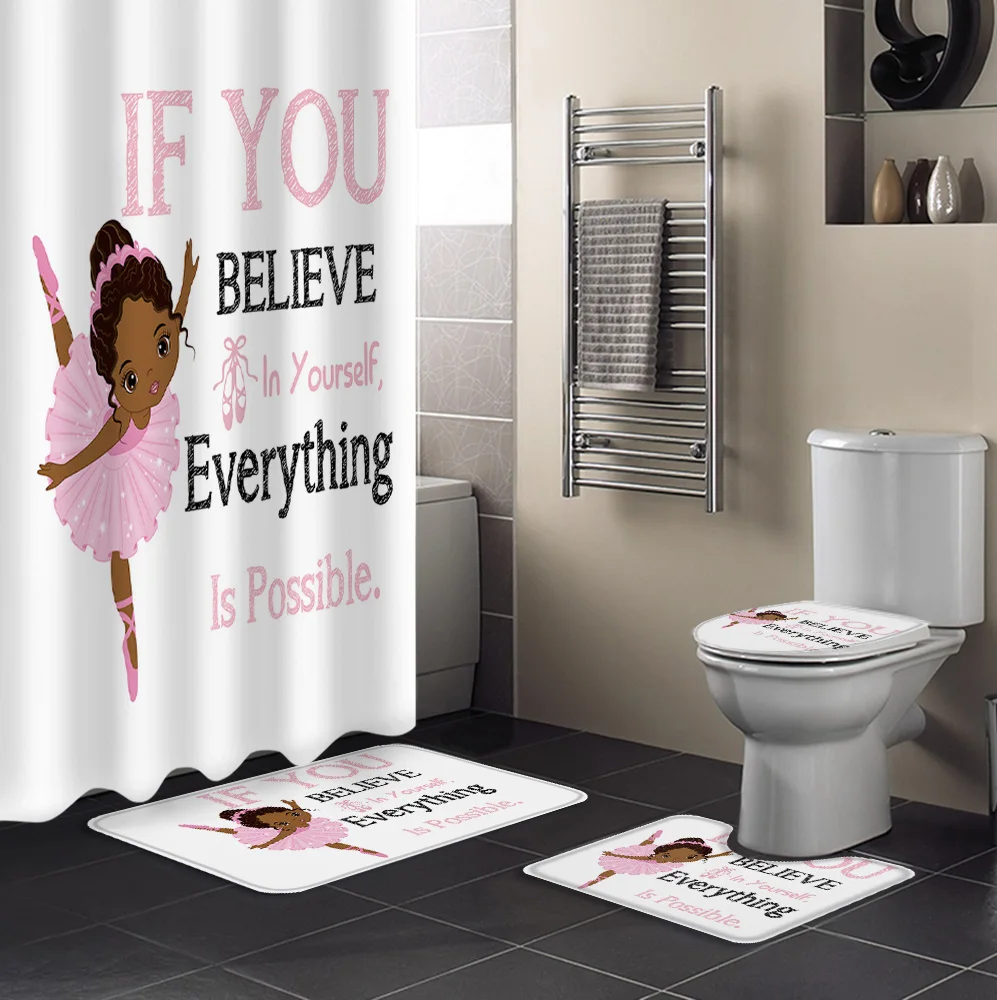 Pink African Ballet Girl Inspirational Shower Curtain Toilet Lid Cover Bath Mat Set Bathroom Curtains Rug Bathtub Home Decor