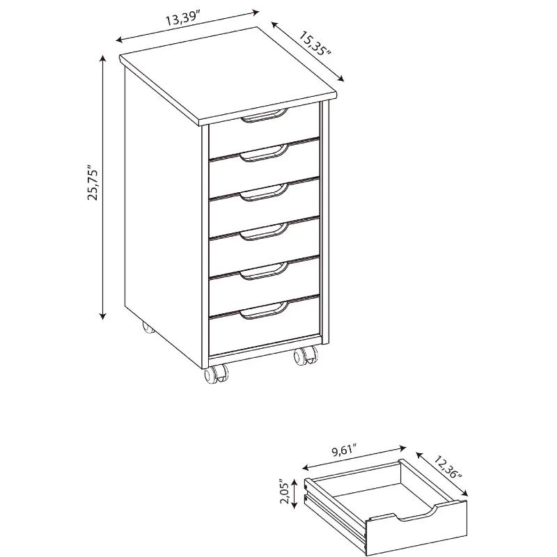 Linon Cary 6-Drawer Rolling Storage Cart, Black 13.38\