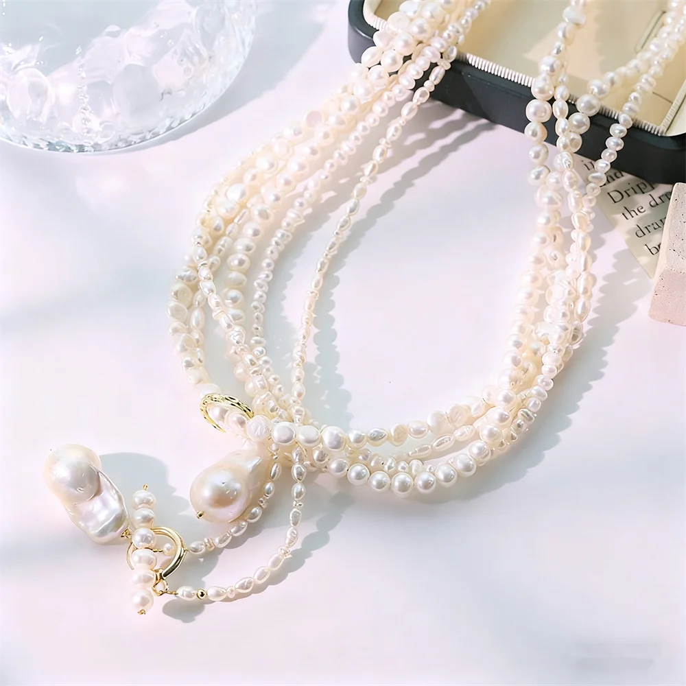 Original Multi Layer Baroque Natural Pearl Necklace Fashion Luxury Accessory Elegant Collarbone Chain Choker Women Charm Jewelry