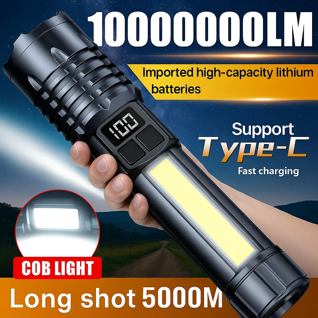 High Power LED Flashlight Zoom Powerful Torch, TYPE-C Rechargeable, Waterproof, COB Side Light, Outdoor Camping Hiking, Portable
