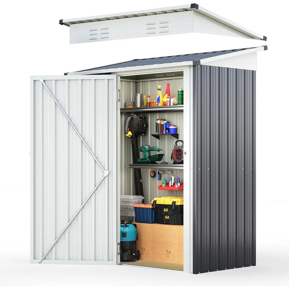

3x5 Outdoor Storage Shed, Metal Garden Tool Shed with 2-Way Sloping Roof & 28 Wide Lockable Door, Waterproof Galvanized Steel, G