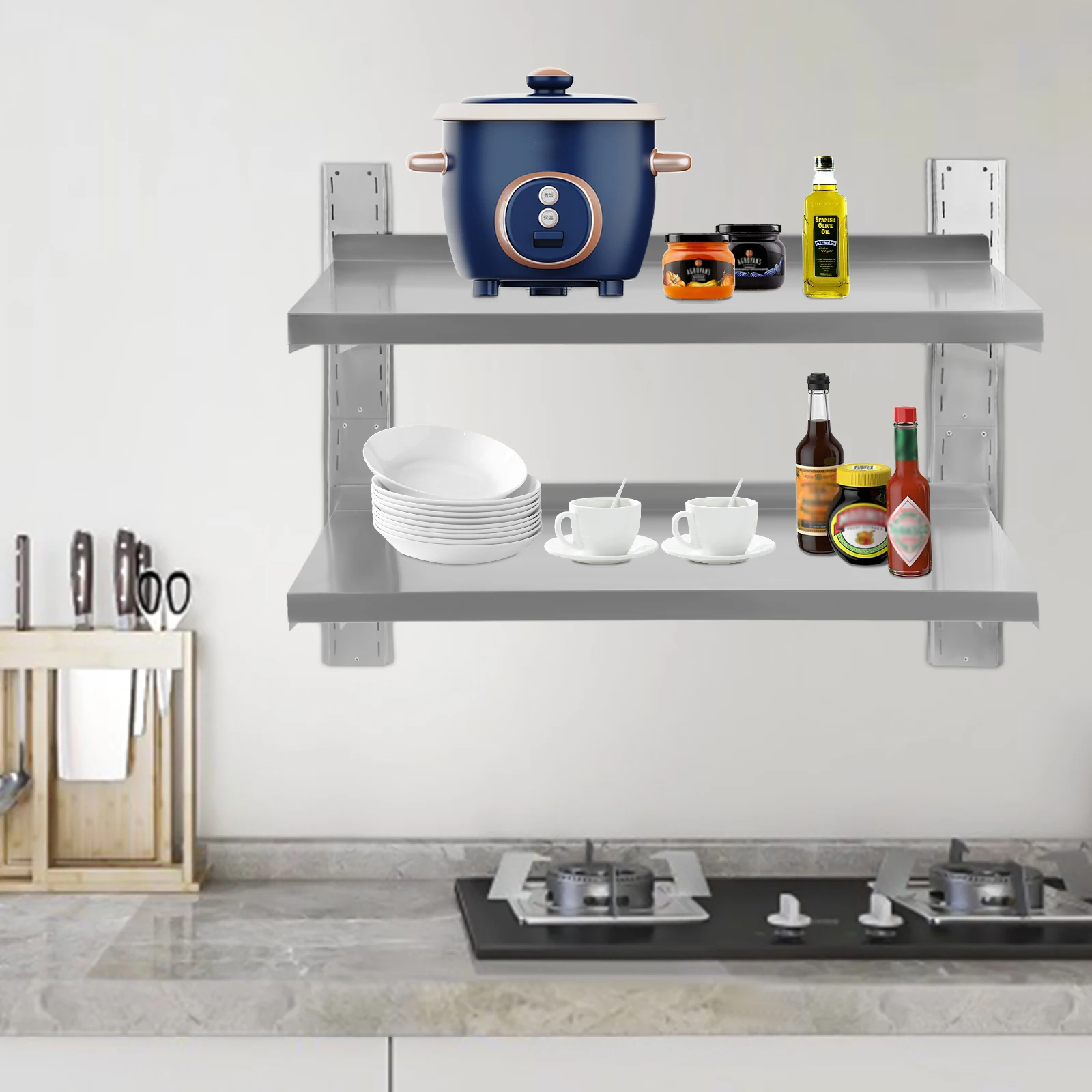 

2-Tier Stainless Steel Shelf with Four Triangular Holders, Commercial Wall Storage Shelf for Restaurant, Bar,Home(39.4" x 12.6")