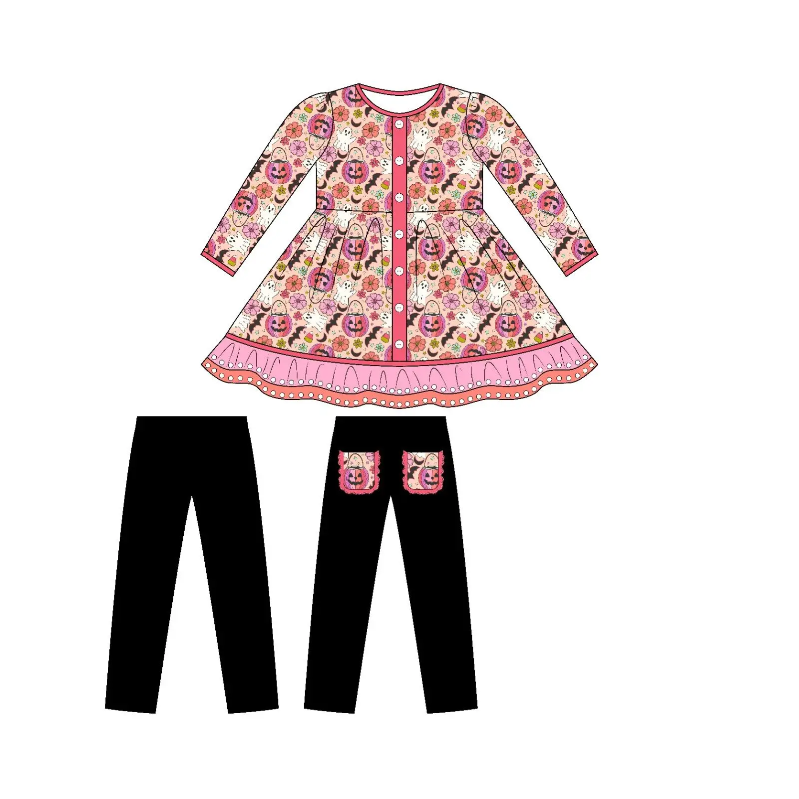 

Halloween Autumn Girl Cartoon Print Pink Long Sleeve Ruffle Decorative Top Black Pants Boutique Suit